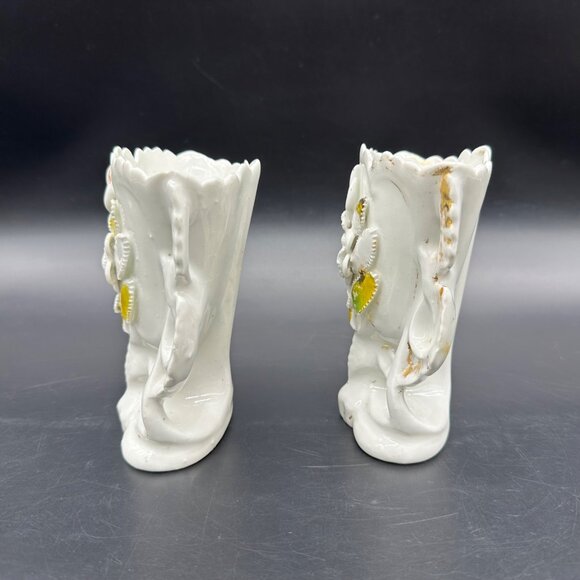 Antique Old Paris Porcelain Spill Bridal Vases Floral Scalloped Edges Pair READ - Picture 3 of 12